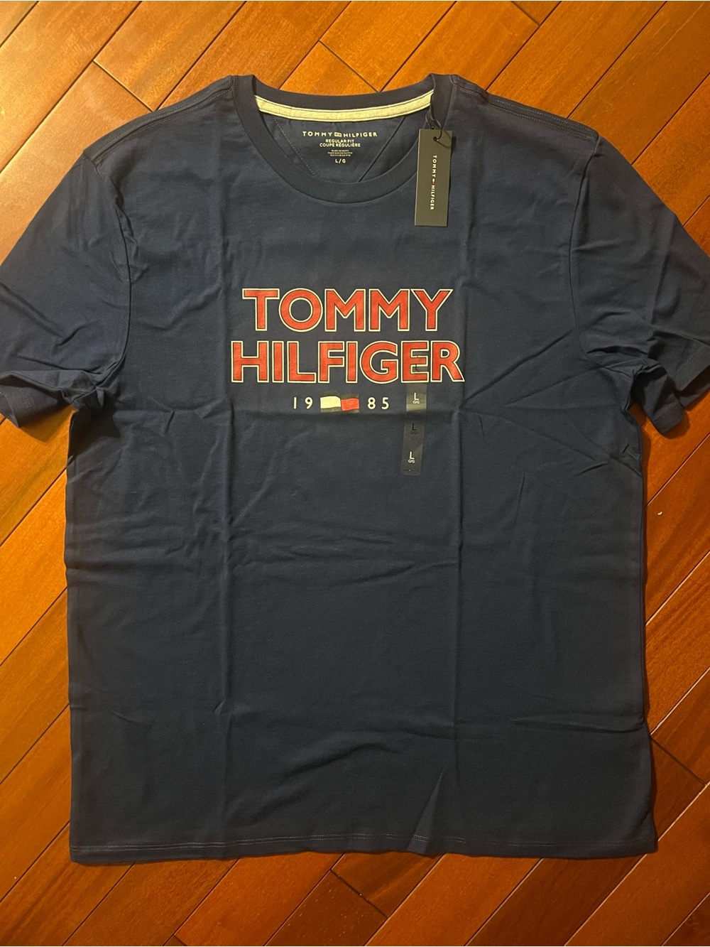 Tommy Hilfiger Navy Short Sleeve Logo Tee with Red & White Lettering